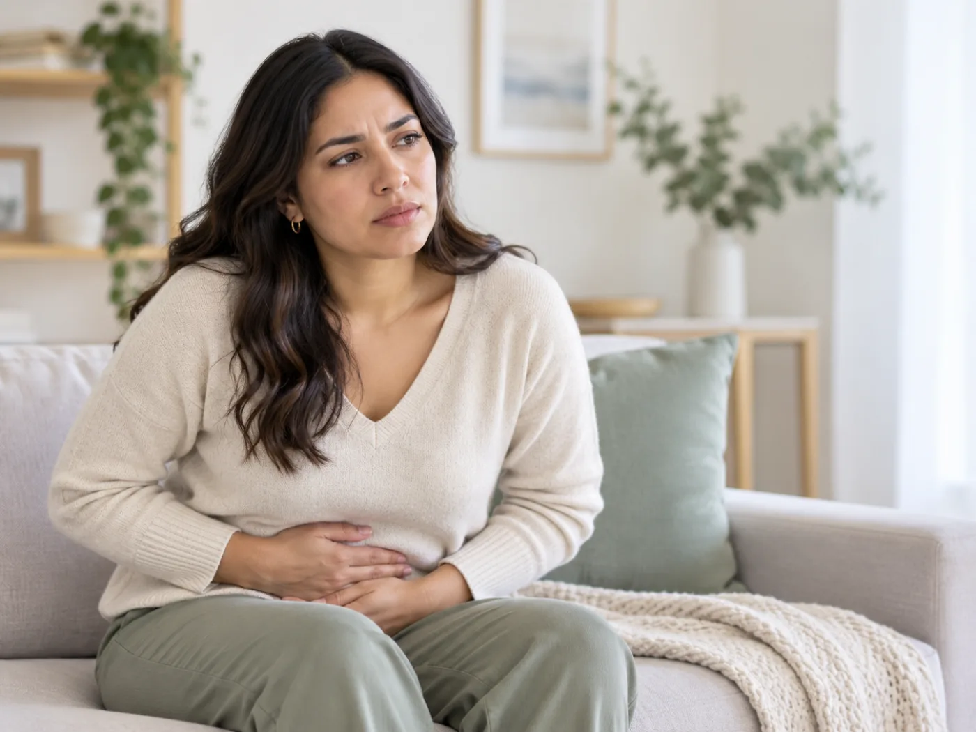 Mujer sentada en un sillón con dolor abdominal y pélvico